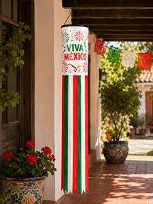 1pc Viva Mexico Windsock, Mexican Style Polyester Wind Spinner With Firework Print, Cylindrical Tube Top And Long Green White Red Streamer Tails For Patio, Balcony, Porch, Yard, Garden And Independence Day Decor - B - View 2