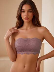 CELILIN Women's Strapless Lace Bandeau Bra, Non-Slip Seamless Tube Top, Suitable For Off-Shoulder Outfits - Dusty Pink - View 4