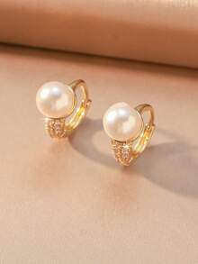 1 Pair/Gold & Silver Dual Color/Luxury Full Rhinestone & Pearl Ear Clips, Small Water Drop Pearl Hoop Earrings, Suitable For Commute, Versatile, Party, Evening Event Women's Accessories - Multicolor - View 9