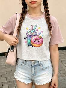 Mädchen Sommer Kurzarm T-Shirt, figurbetontes T-Shirt, Baumwoll-Strickstoff, modischer Streetstyle, süß, süße Cartoon-Donut-Getränk-Drucke - Hautpuder - Übersicht 2