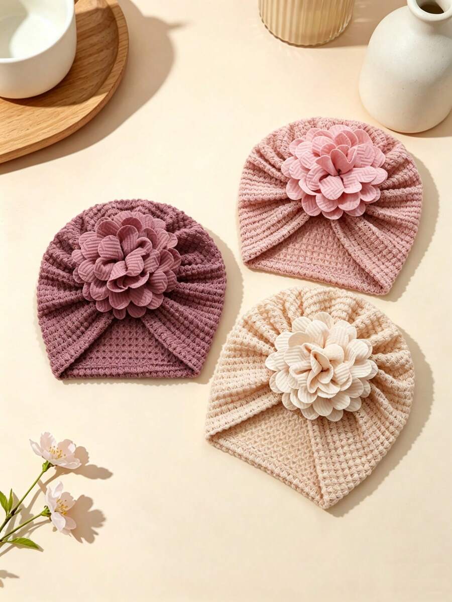 3 piezas Gorros de bebé elásticos y suaves multicolor, transpirables, adecuados para todas las estaciones, excelente regalo, perfectos para fotos - Multicolor - Ver 1