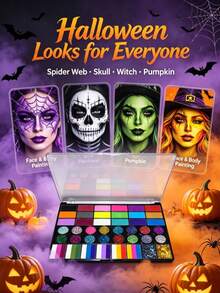Conjunto de Pintura Corporal & Pintura Facial, Kit de Maquiagem de Pintura Facial Profissional com 42 Cores, Paleta de Pintura Facial Ativada por Água, Inclui Pincéis & Pedras Preciosas, Adequado para Festa, Halloween, Natal, Pintura do Dia Nacional Saudita (36 Cores Sólidas + 8 Cores Gradientes) - Multicolorido - Visão 3