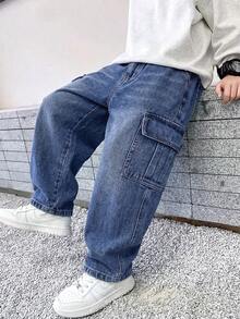 Tween Boy Fashion Street Button Pocket Cargo Denim Jeans - Medium Wash - View 4