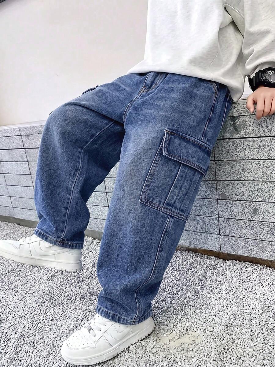 Tween Boy Fashion Street Button Pocket Cargo Denim Jeans