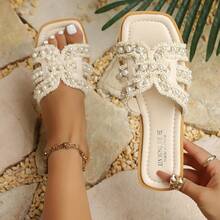 Women's Lace Trim Square Toe Open Toe Flat Slides, Elegant Fashion Casual Beach Sandals - Beige - View 5