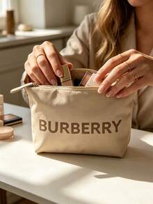 Beige Letter Print Portable Travel Cosmetic Bag Soft Scratch Resistant Makeup Storage Pouch Weekend Overnight Toiletry Organizer Gift For Women BURBERRY‑GIFT‑31 - Mocha Brown - View 4