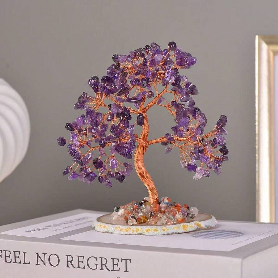 Cây đá thạch anh tím tự nhiên đá mã não pha lê acrylic in phẳng thủ công, cây tài lộc trang trí nhà cửa văn phòng để bàn dạng tấm