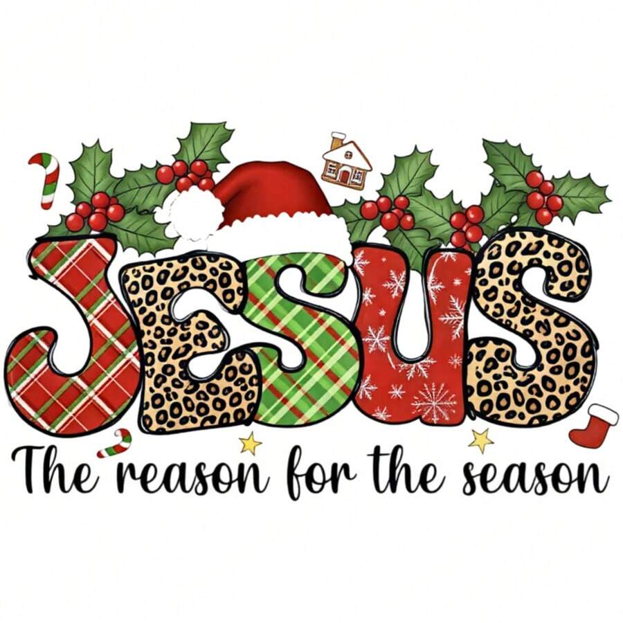 1/2/3 piezas Pegatina de transferencia de calor con eslogan en inglés, textura múltiple, JESÚS, gorro de Navidad, bastón de caramelo, estilo vintage americano navideño religioso DIY, apta para camisetas, sudaderas, bolsas de lona, cojines - Multicolor - Ver 1