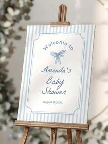 Custom Milestone Growth Canvas - Personalized Blue Stripe Bow Kids Name Sign, Watercolor Coquette Nursery Wall Art New Baby Birthday Keepsake Gift. - Multicolor - View 3