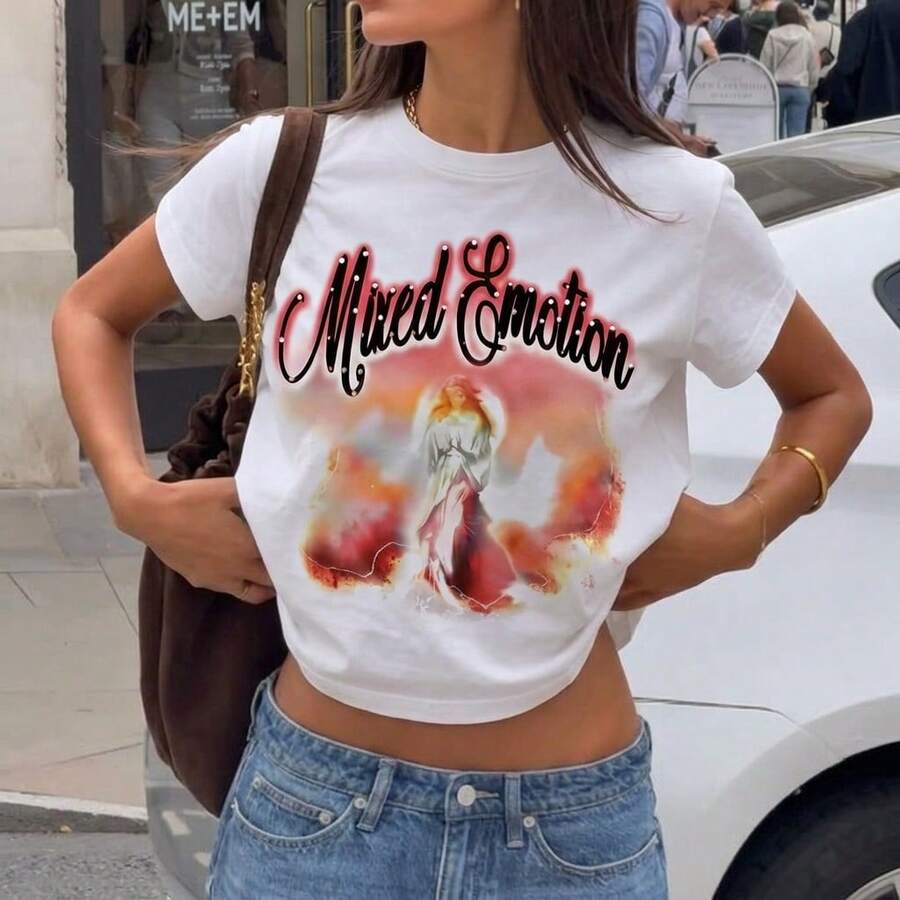 Women Graphic Tees Y2k Vintage T-Shirt With Mixed Emotion And Angel Print Short Sleeve Round Neck Retro Baby Tee Women ShirtsLoose And Comfortable Mot - QQ20260704-163705 - 查看 1