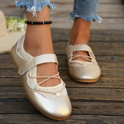 Women's Cross Strap Hook & Loop Round Toe Flat Mary Jane Shoes, Fresh Ballet Style All-Season Commute Breathable Low Vamp Shoes