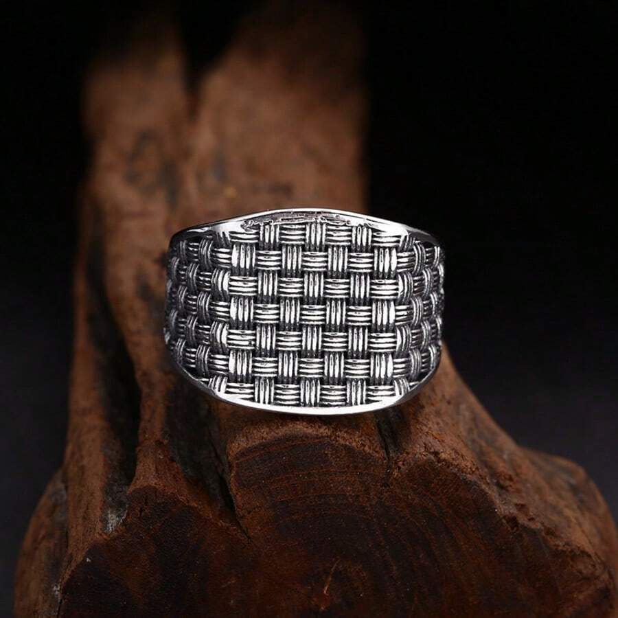 1pc Exquisite Square Woven Pattern Open Ring, Vintage Versatile High-End Jewelry For Men And Women - H752 - View 1