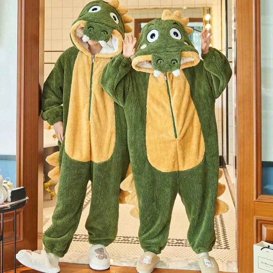 Fluffy Coral Fleece Hooded Animal , Warm Loose Cartoon Loungewear For Winter - Multicolor - View 1