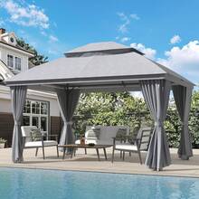 Outdoor Gazebo 10'*13' For Patio, Metal Frame Canopy With Double Roofs, Heavy Duty Party Tent With Mosquito Netting And Curtains For Backyard, Garden, Lawn And Deck, Grey - Grey - View 1