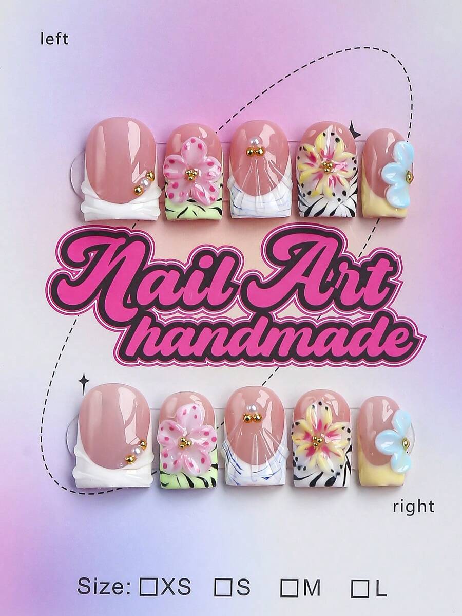 10pcs/Set Handmade Square Pointed False Nails, Y2K Baddie Style, Colors Include Nude, White, Green, Blue, Yellow, Black & White Zebra Print, 3D Pink & Blue Floral With Pearl & Gold Bead Accents, Green Base With Pink Polka Dot Contrast, Suitable For Party, Dance, Daily Wear, Comes With Tool Set, Perfect Gift For Women And Girls Handmade Press On Nails - Multicolor - View 1