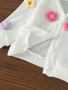 2件組女嬰甜美可愛3D彩色毛巾刺繡花朵裝飾長袖開襟上衣搭配A字牛仔裙套裝，春季/秋季 - 白色 - 查看 6