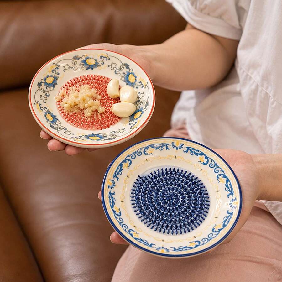 陶瓷手動食物研磨盤,家用大蒜研磨盤,廚房食物泥製器,適用於薑、大蒜、水果、蔬菜研磨 - 彩色 - 查看 1