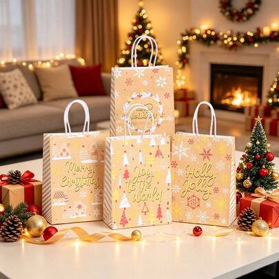 CARRIECUR Kraft Minimalist Christmas Paper Gift Bags, 4 Designs Gold Script Xmas House Tree Snowflake Print White Twine Handle Goodie Bags For Christmas Gift Wrapping, Bakery Cookie Candy Treat, Winter Holiday & Boutique Packaging