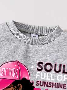 Tween Girl Cartoon Character Print Crew Neck Sweatshirt And Flare Pants Casual Set - Grey - View 3