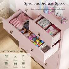 TYBOATLE 44'' High Modern Children's Wooden Vanity Drawer Cabinet With Metal Handles, Bedroom Vanity With 6 Drawers,Farmhouse Natural Solid Wood Vanity Storage - Pink - View 5