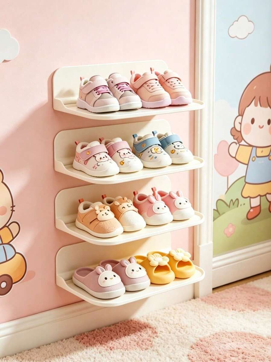 1/2pcs Baby Wall-Mounted Shoe Rack, Adhesive No-Drill Baby Shoe Storage Organizer, Minimalist Kids Room Storage Shelf - White - View 1