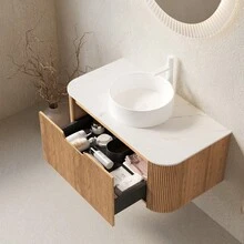 DINA 36" Bathroom Vanity&Sink, Floating Curved Edges Striped Bathroom Storage Cabinet With Drawer, White Round Ceramic Basin&Carrara White Artificial Marble Top, Pre-Assembled, Natural Woodgrain Color-XY316924 - 1 - View 2