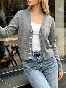 Premium Knitted Blend Short Cardigan Sweater, Ladies Solid Color V-Neck Single Breasted Knit Coat, Daily Basic Casual Outerwear - Grey - View 6