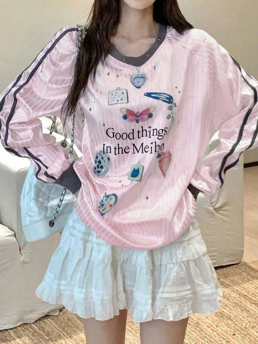 Women's Printed Short Sleeve T-Shirt, Fun Multi-Print Pattern Sporty V-Neck Long Sleeve Jersey T-Shirt Tee Pink - Pink - View 1