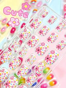 192pcs Cute Cartoon Children's Fake Nails, Cute Unicorn Rainbow Star Floral Reusable Nail Stickers, DIY Manicure, Girls Party Birthday Gift - Multicolor - View 6