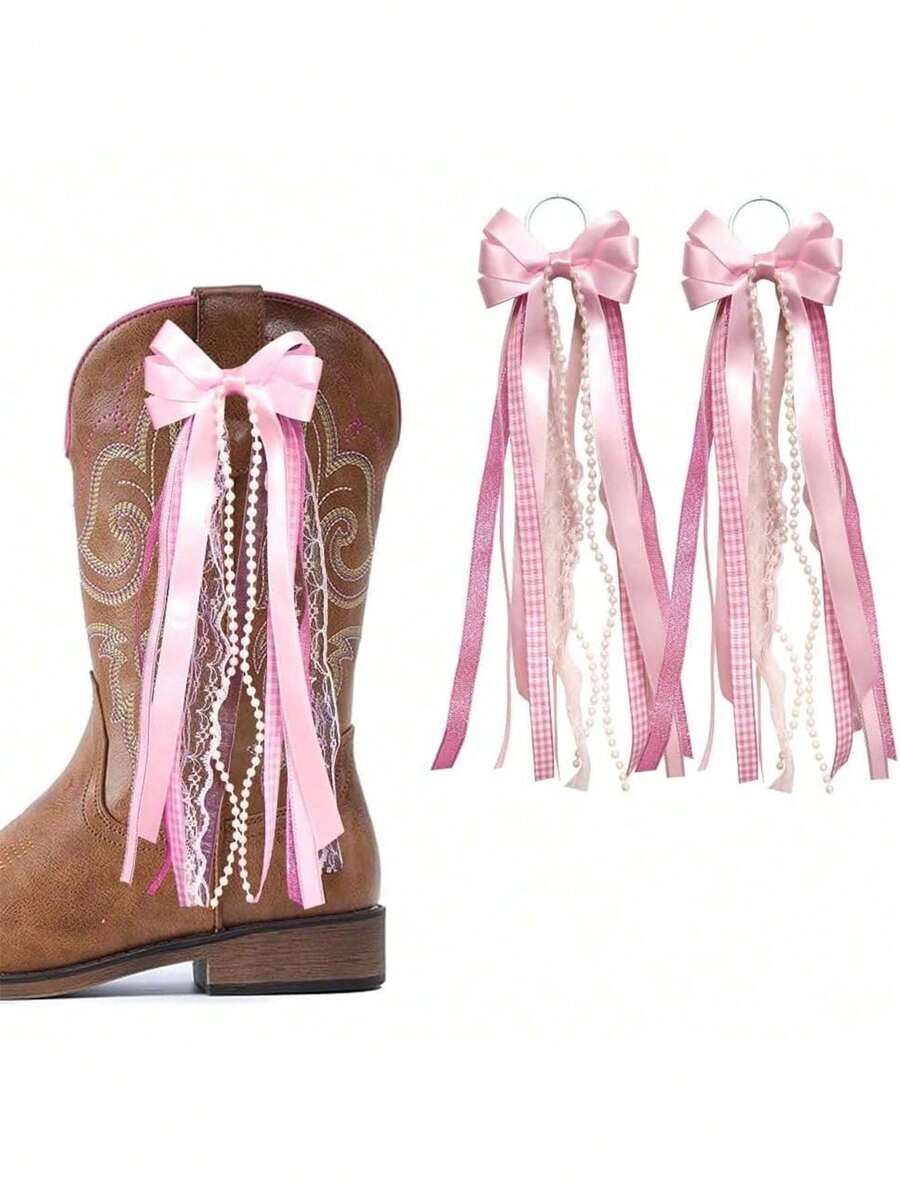 2Pcs Ribbon Bow Boot Bows, Buffalo Plaid Boot Bows Glitter Pearl Lace Holiday Birthday School Accessory Decor,DIY Decorations, Gift Wrapping Supplies,Halloween Decorations, Christmas Decorations, Back-To-School Decorations