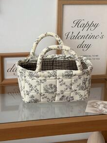 1pc Set French Vine Storage Basket Vintage Blue White Floral Quilted Handheld Portable Cosmetic Sundries Desktop Organizer Container Box Home Decor Craft Gift - View 25