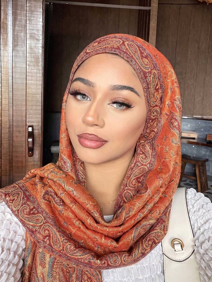 1件女款波希米亞風時尚復古佩斯利雙面提花羊絨披肩圍巾，休閒優雅秋冬披肩，適合日常穿搭