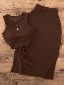 Minimalist Knit Set, Solid Color Sleeveless Top Paired With High Waist Slit Skirt, Commute & Date Outfit Summer Elegant - Coffee Brown - View 1
