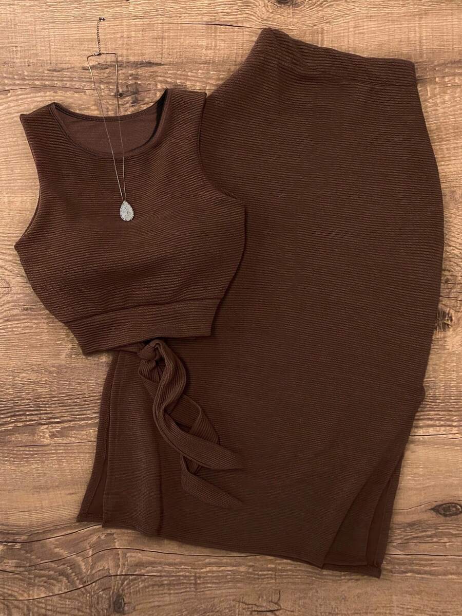 Minimalist Knit Set, Solid Color Sleeveless Top Paired With High Waist Slit Skirt, Commute & Date Outfit Summer Elegant - Coffee Brown - View 1