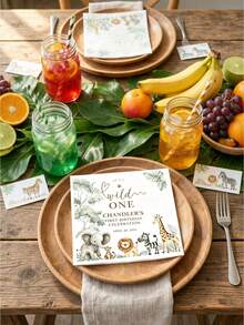 Custom Jungle Wild Animal Theme Birthday Napkins - Personalized "Wild One" 1st Birthday Napkins, Cute Watercolor Animal Baby Shower Table Decor, Boy/Girl Birthday Decorations - Multicolor - View 7