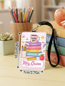 1pc Custom Text Coquette Teacher Luggage Tag,Personalized Floral Gingham Striped School Doodle ID Card Cover,Teacher Appreciation Gift,Back To School - Multicolor - View 3