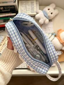 1pc Blue Plaid Lace Pencil Case, Star Embroidery Polka Dot Print Stationery Bag, Large Capacity Cute Pencil Pouch, Student Back T, First Day Of School - Multicolor - View 5