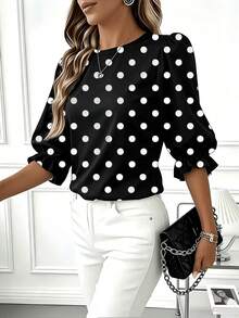 Plus Size Women Polka Dot Contrast Color Casual Round Neck Long Sleeve Top For Vacation Daily Commute - Black - View 4