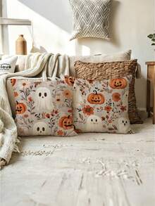 2pcs Cute Ghost Pumpkin Floral Pillow Covers, Vintage Autumn Wildflower Cute Ghost Jack-O'-Lantern Decorative Throw Pillow Covers, Suitable For Halloween, Country Farmhouse, Sofa, Bedroom, Porch, Pastoral Style Holiday Home Decor, Autumn Soft Furnishing - Multicolor - View 10