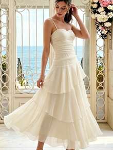 Women's Elegant Asymmetrical Ruffle Strap Dress, Versatile Design Suitable For Party, Beach, Vacation In Summer Wedding - Apricot - View 8