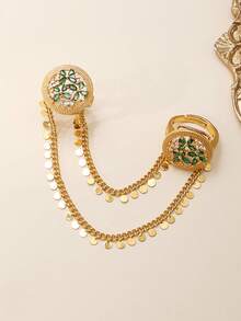 Vintage Gold Double Finger Connected Ring, Colorful Crystal Floral Double Finger Ring, Tassel Chain Hand Ring, Women's Wedding Personalized Jewelry - Round - View 14