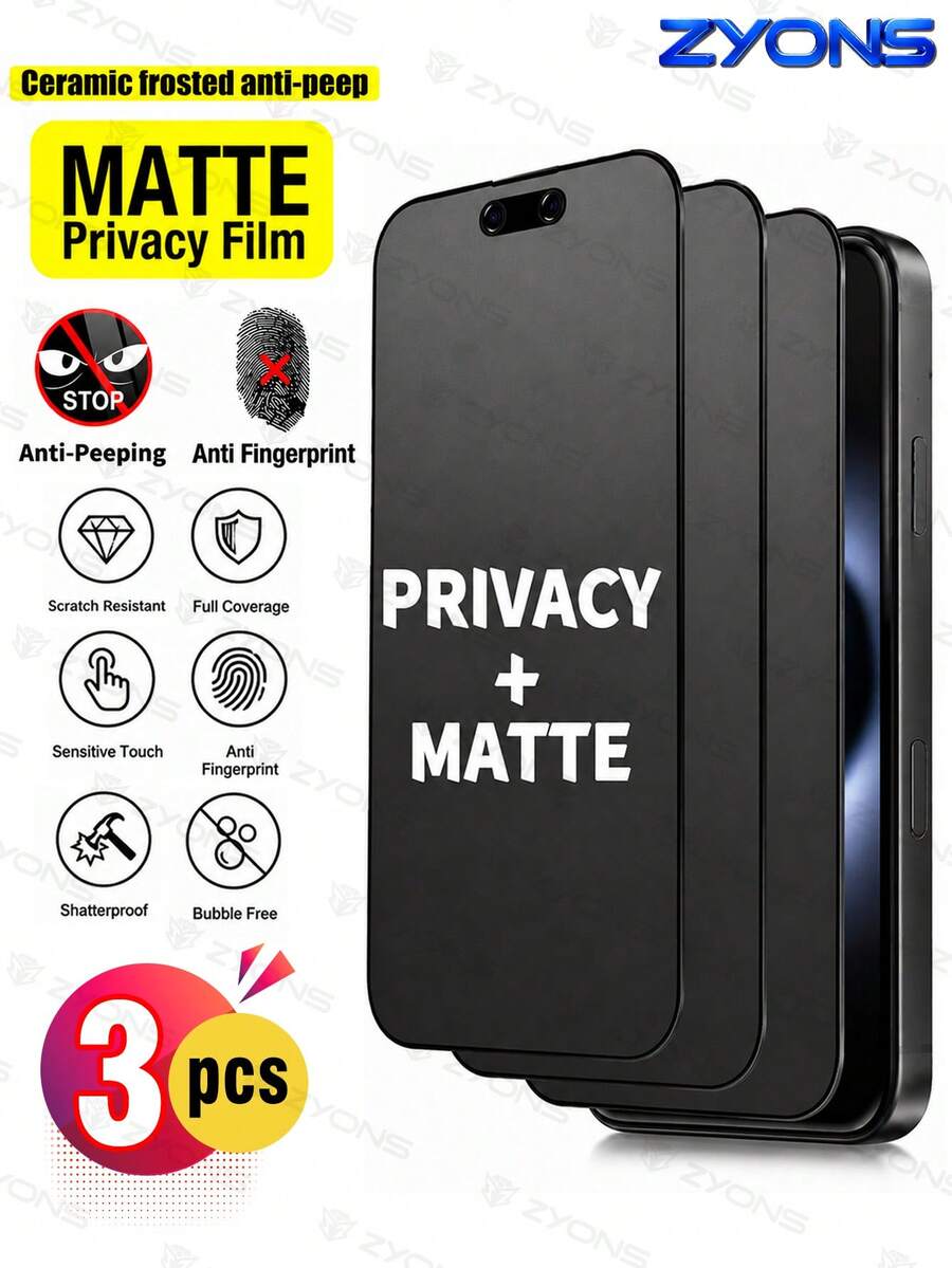 ZYONS 3pcs Matte Privacy Screen Protector, Compatible With IPhone 18 Pro Max/18 Fold/17 Pro Max/17E/16 Pro Max/15/14/13/12/11/XS MAX/7/8PLUS, Made Of TPU Soft Film Material (Non-Tempered Glass), Anti-Drop, Anti-Collision, Anti-Fingerprint, Anti-Glare, Phone Case Friendly, With Privacy Function Screen Protector - 3PCS - View 1