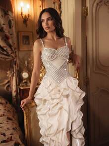 Elasola New Heavy Pearl & Rhinestone Embellished Apricot Sexy Sleeveless Backless Camisole 2-Piece Dress Set, Includes Ruffle Skirt Wedding Fall - Apricot - View 2
