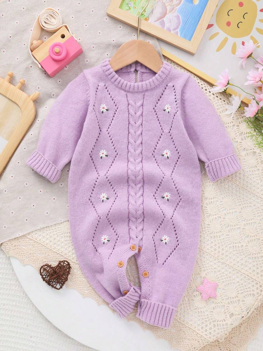 Infant Embroidered Long Sleeve Knit Romper