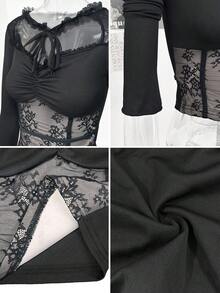 French Style Lace Patchwork Tie-Up Long Sleeve T-Shirt Women's Autumn Slim Fit Base Layer Top - Black - View 10