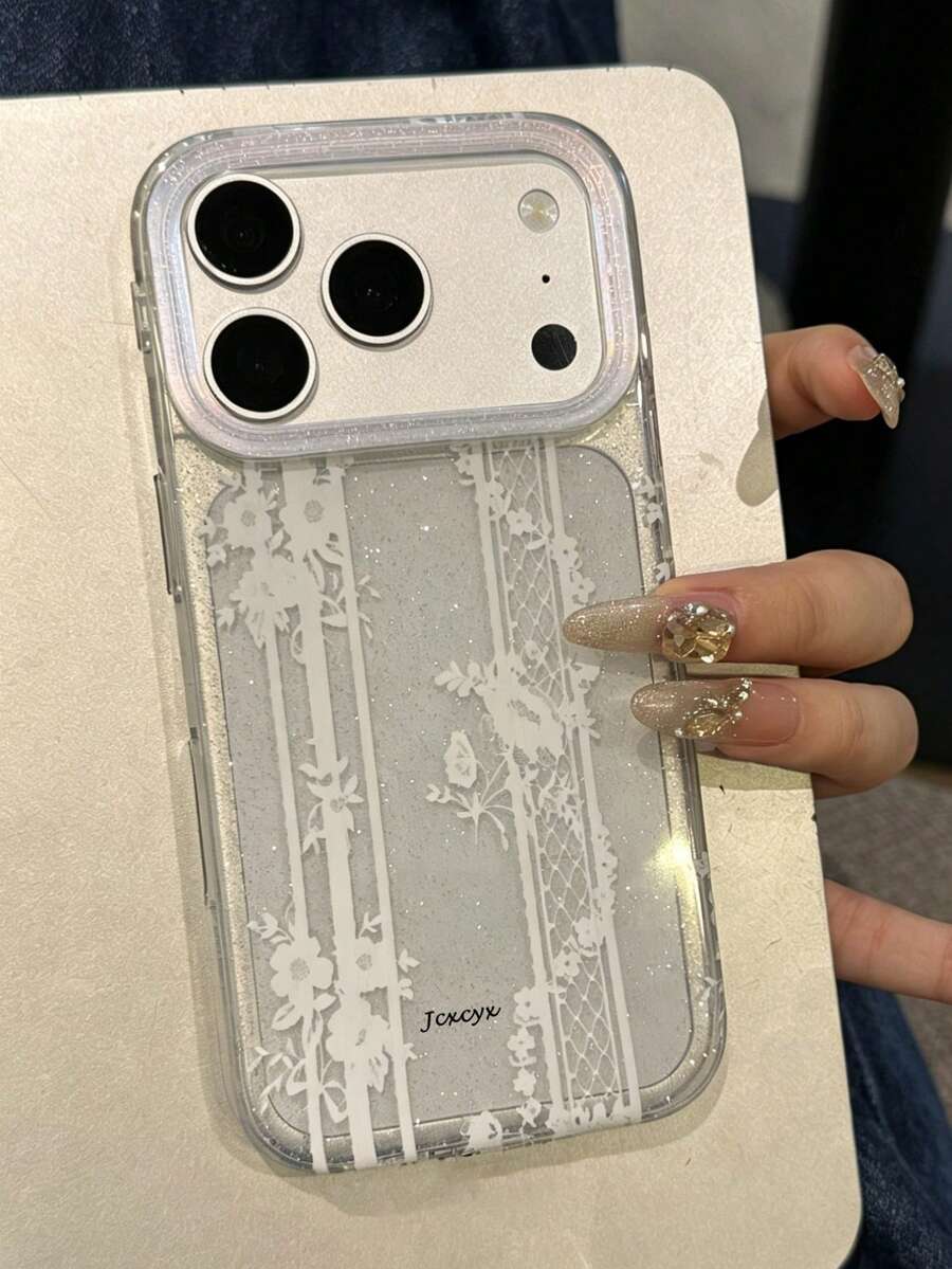 高級優雅蕾絲花卉閃亮手機殼,適用於 iPhone 17 Pro Max、17 Pro、16 Pro Max、15、13 Pro Max、14 Pro Max、17 Air、16 Plus、12 Pro、11,軟質透明亮片保護殼 - 白色 - 查看 1