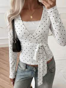 Sunny Girly Fall Y2K White Polka Dot V Neck Tie Waist Long Sleeve Tee, Slim Daily Top Perfect For Back To School Casual - White - View 5