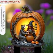 2D Flat Acrylic Soil Sign, Pointed Design, Featuring Witch And Cat In Pumpkin, Enhances Flower Pot As Garden Decor, Perfect For Outdoor Yard Decoration And Halloween Decor - A - View 1