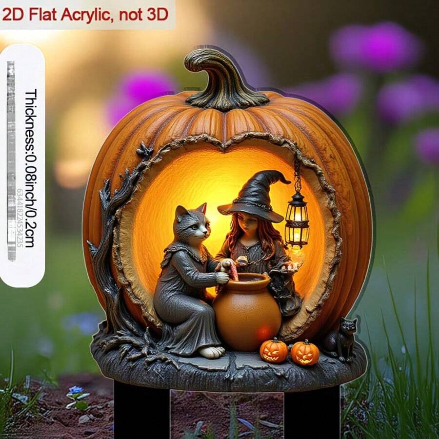 2D Flat Acrylic Soil Sign, Pointed Design, Featuring Witch And Cat In Pumpkin, Enhances Flower Pot As Garden Decor, Perfect For Outdoor Yard Decoration And Halloween Decor - A - View 1