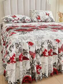 3pcs (1 Bed Skirt, 2 Pillowcases) Floral, Botanical, Striped, Plaid Pattern Printed Ruffle Bed Skirt Full Coverage Dust Cover With Skirt Hem And Pillowcases, Soft And Breathable Bedding Set With Ruffle Skirt Hem And Elastic Band, Bohemian Style Soft Skin-Friendly Bedding Set Suitable For Bedroom Use, 3-Piece Set Pleated Bed Skirt With 2 Pillowcases Bedding Set, Can Be Used For Sleeping Naked, Skin-Friendly, Sweat-Absorbent, Moisture-Proof - Peony In Bloom - View 2